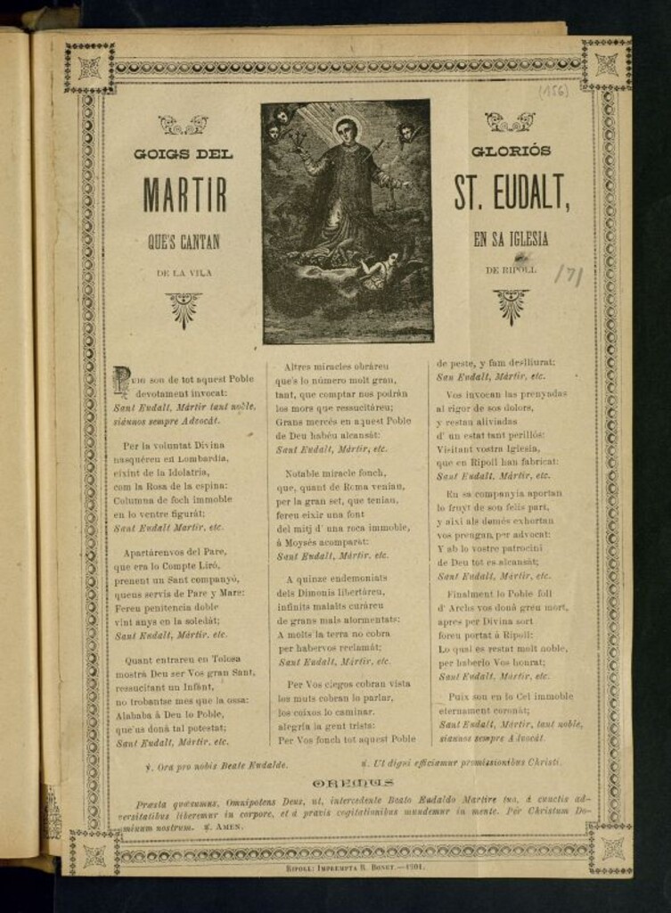 Miniatura de Goigs del gloriós martir St. Eudalt : quees cantan en sa iglesia de la vila de Ripoll