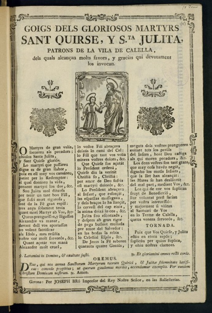 Miniatura de Goigs del gloriosos martyrs sant Quirse, y Sta. Julita : patrons de la vila de Calella, dels quals alcançan molts favors, y gracias qui devotament los invocan