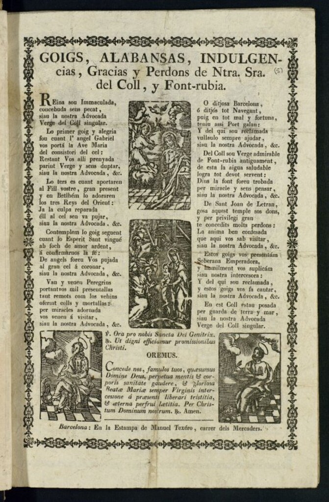 Miniatura de Goigs, alabanzas, indulgencias, gracias y perdons de Ntra. Sra. del Coll, y Font-Rubia