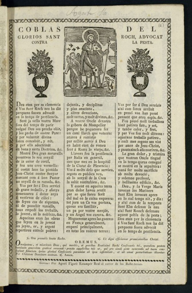 Miniatura de Coblas del glorios sant Roch, advocat contra la pesta