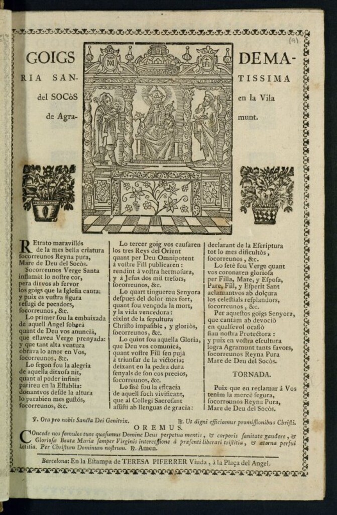 Miniatura de Goigs de Maria Santissima del SOCòS en la Vila de Agramunt