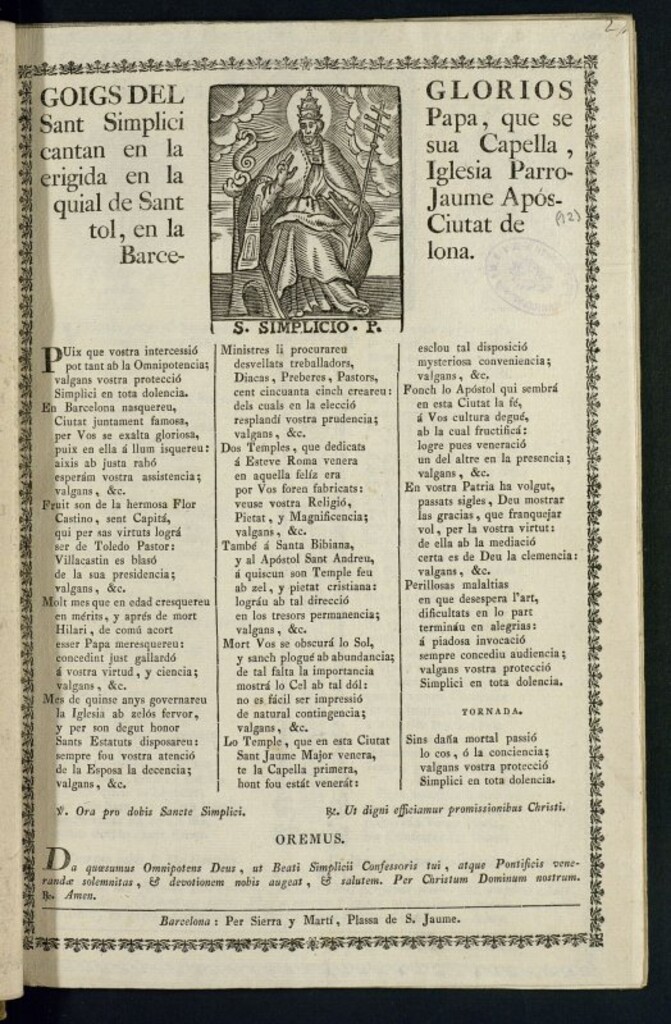 Miniatura de Goigs del glorios Sant Simplici Papa : que se cantan en la sua Capella, erigida en la Iglesia parroquial de Sant Jaume Apóstol, en la ciutat de Barcelona