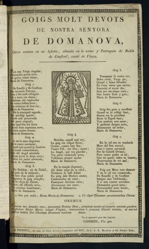 Miniatura de Goigs molt devots de nostra señora de Domanova : qués cantan en sa Iglesia, situada en lo terme y Parroquia de Rodés de Conflent, cantó de Vinça