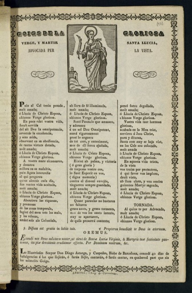 Miniatura de Goigs de la gloriosa verge, y mártir santa Llucia, : advocada per la vista