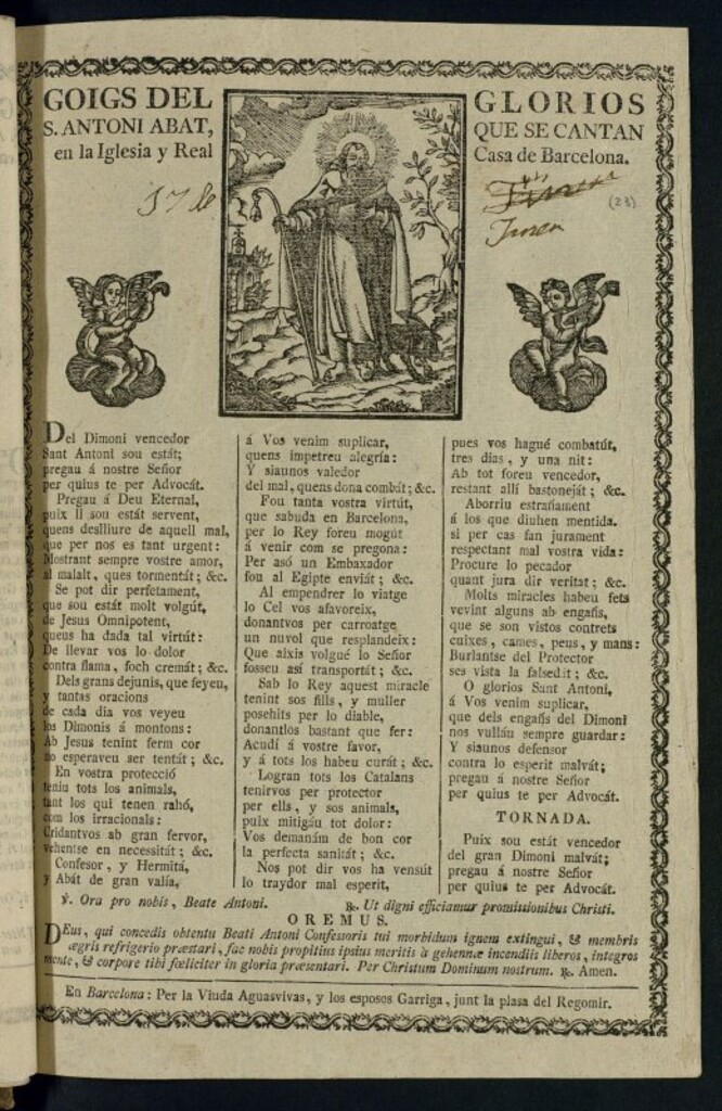 Miniatura de Goigs del glorios S. Antoni Abat, : que se cantan en la Iglesia y Real Casa de Barcelona