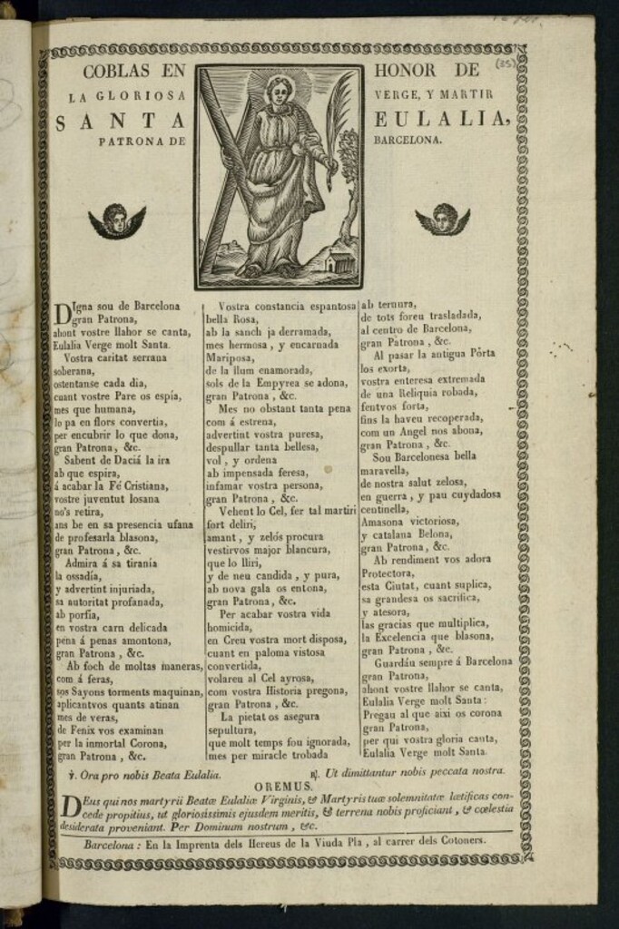 Miniatura de Coblas en honor de la Gloriosa verge, y martir Santa Eulalia, patrona de Barcelona