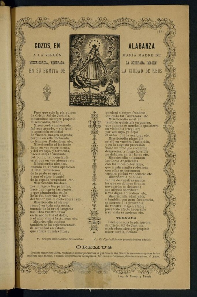 Miniatura de Gozos en alabanza a la Virgen María madre de misericordia, : venerada la soberana imagen en su ermita de la ciudad de Reus