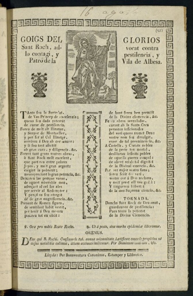 Miniatura de Goigs del glorios Sant Roch : advocat contra lo contagi y pestilencia, y Patró de la Vila de Albesa