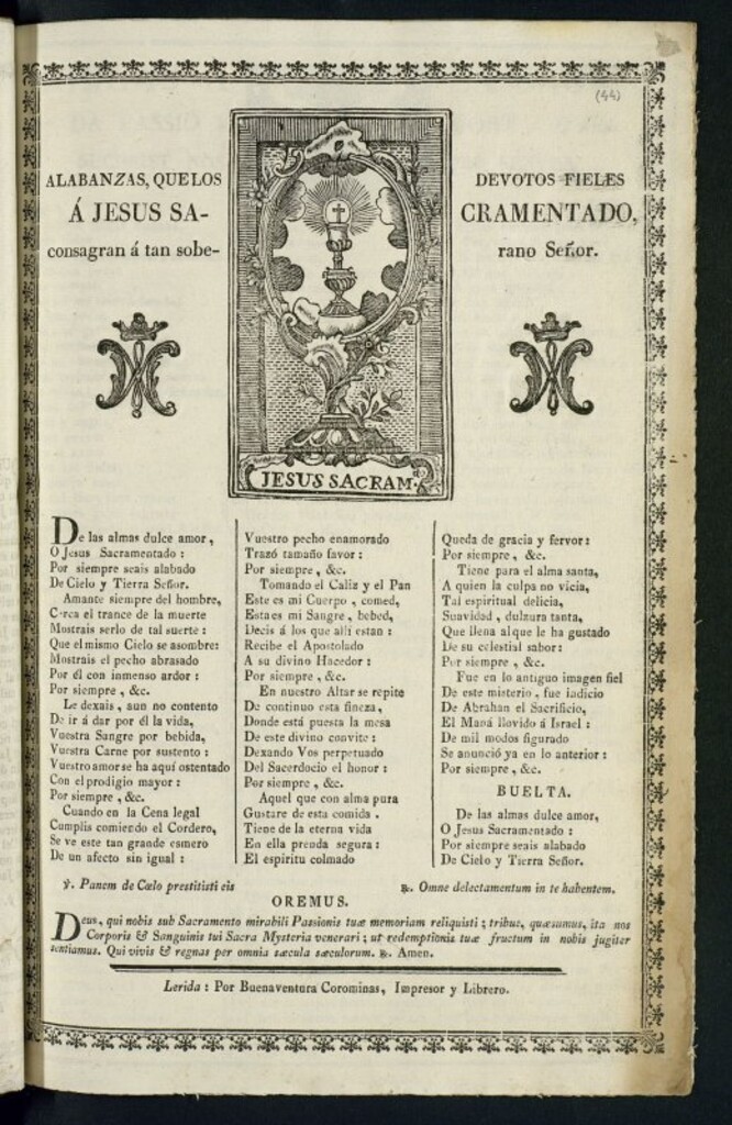 Miniatura de Alabanzas que los devotos fieles á Jesus Sacramentado consagran á tan soberano señor