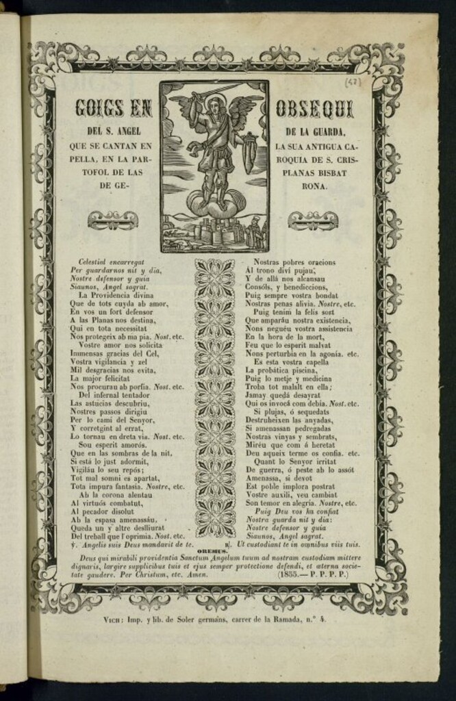 Miniatura de Goigs en obsequi del S. Angel de la Guarda : que se cantan en la sua antigua capella, en la parroquia de S. Cristofol de las planas, bisbat de Gerona