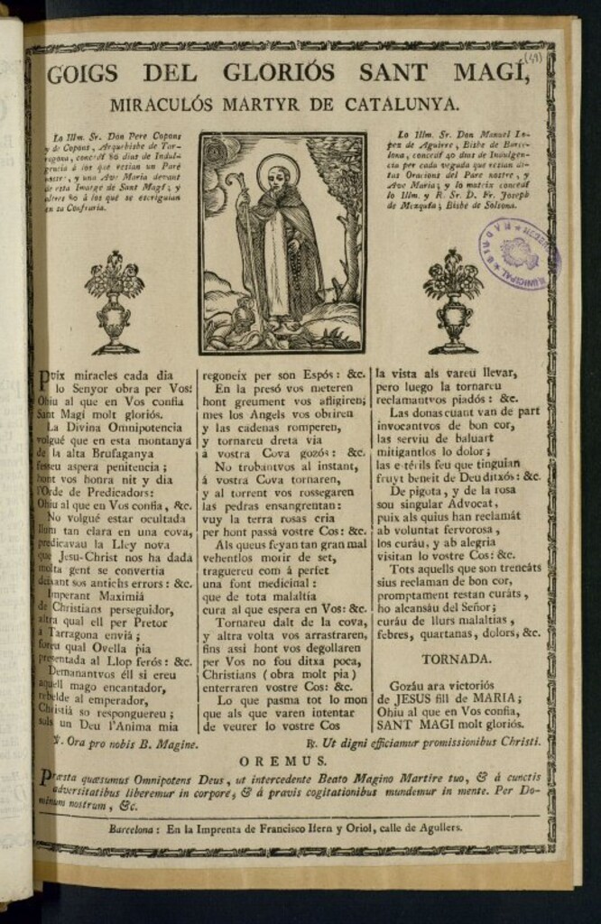 Miniatura de Goigs del gloriós Sant Magí : miraculós martyr de Catalunya