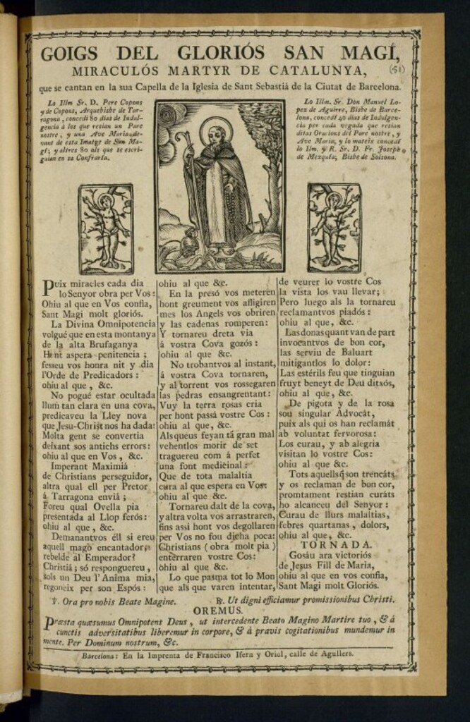 Miniatura de Goigs del gloriós Sant Magí, miraculós martyr de Catalunya : que se cantan en la sua Capella de la Iglesia de Sant Sebastiá de la Ciutat de Barcelona