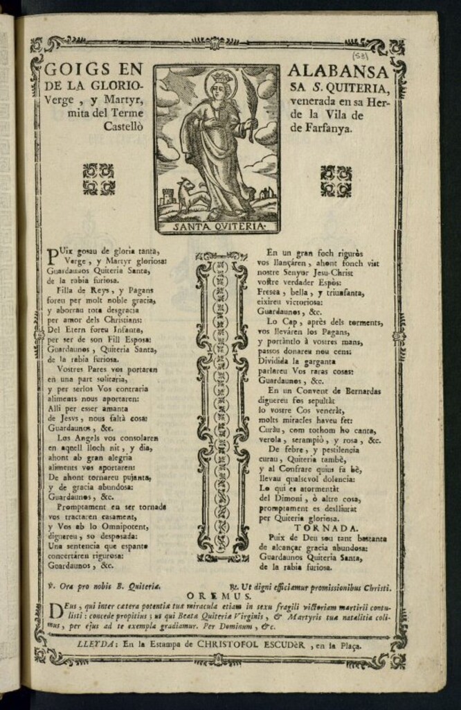 Miniatura de Goigs en alabansa de la gloriosa S. Quiteria, verge, y martyr, venerada en sa hermita del terme de la vila de Castellò de Farfanya