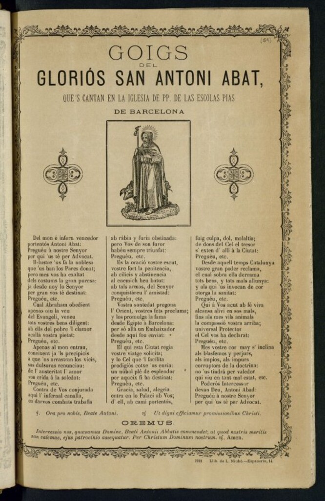 Miniatura de Goigs del glorios San Antoni Abat : que 's cantan en la Iglesia de PP de las Escolas Pias de Barcelona