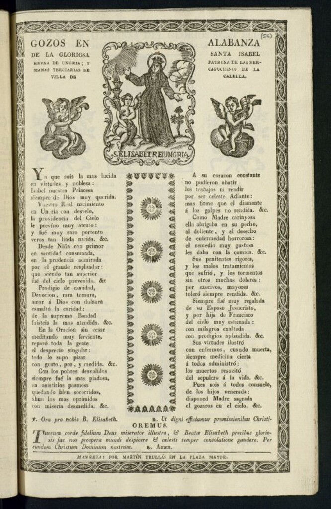 Miniatura de Gozos en alabanza de la gloriosa santa Isabel de Ungria : y patrona de las Hermanas Terciarias de Capuchinos de la villa de Calella