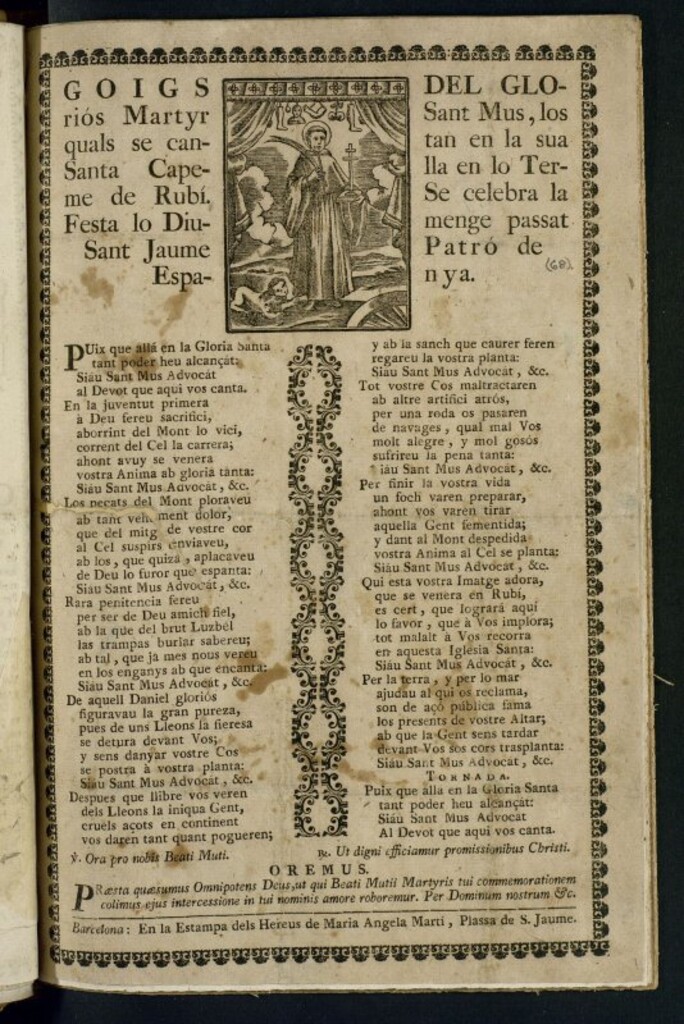 Miniatura de Goigs del glorios martyr Sant Mus : los quals se cantan en la sua Santa Capella en lo Terme de Rubí. Se celebra la Festa lo Diumenge passat San Jaume Patró de Espanya
