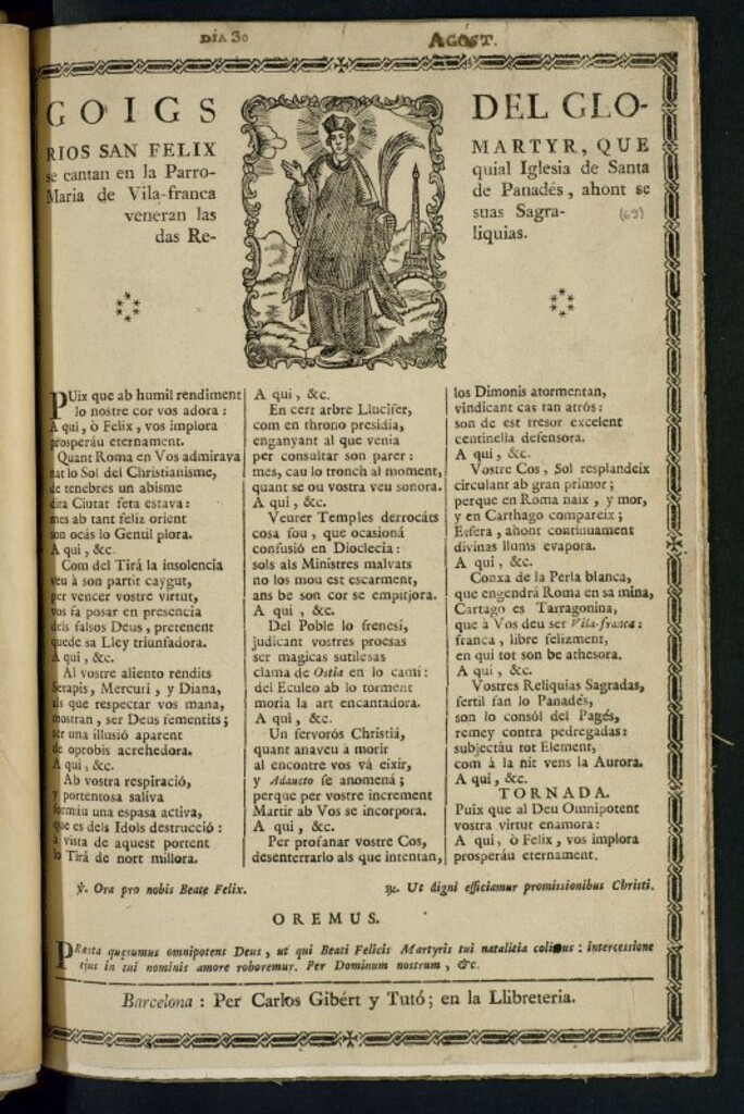 Miniatura de Goigs del glorios Sant Felix martyr : que se cantan en la Parroquial iglesia de Santa Maria de Vila-franca de Panadés, ahont se veneran las suas Sagradas Reiquias
