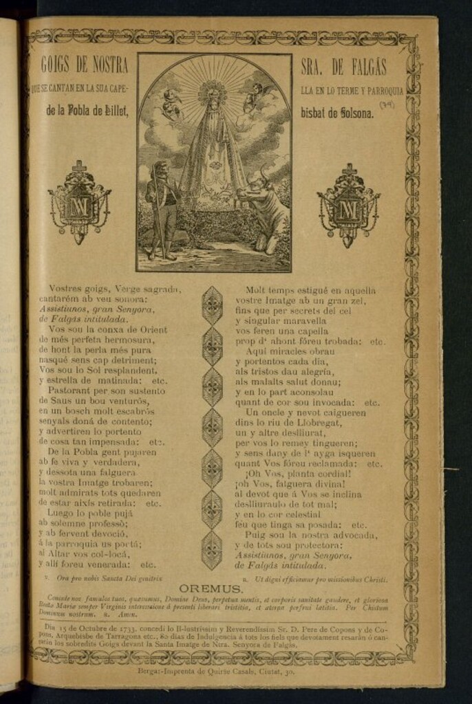 Miniatura de Goigs de Ntra. Sra. de Falgás que se cantan en la sua capella en lo terme y parroquia de la Pobla de Lillet, bisbat de Solsona