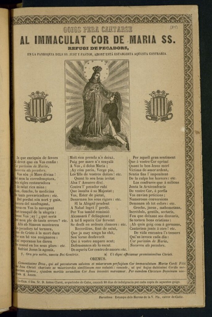 Miniatura de Goigs pera cantarse al immaculat cor de Maria SS. refugi de pecadors,: en la Parroquia dels SS. Just y Pastor, ahont está establerta aquesta confraria
