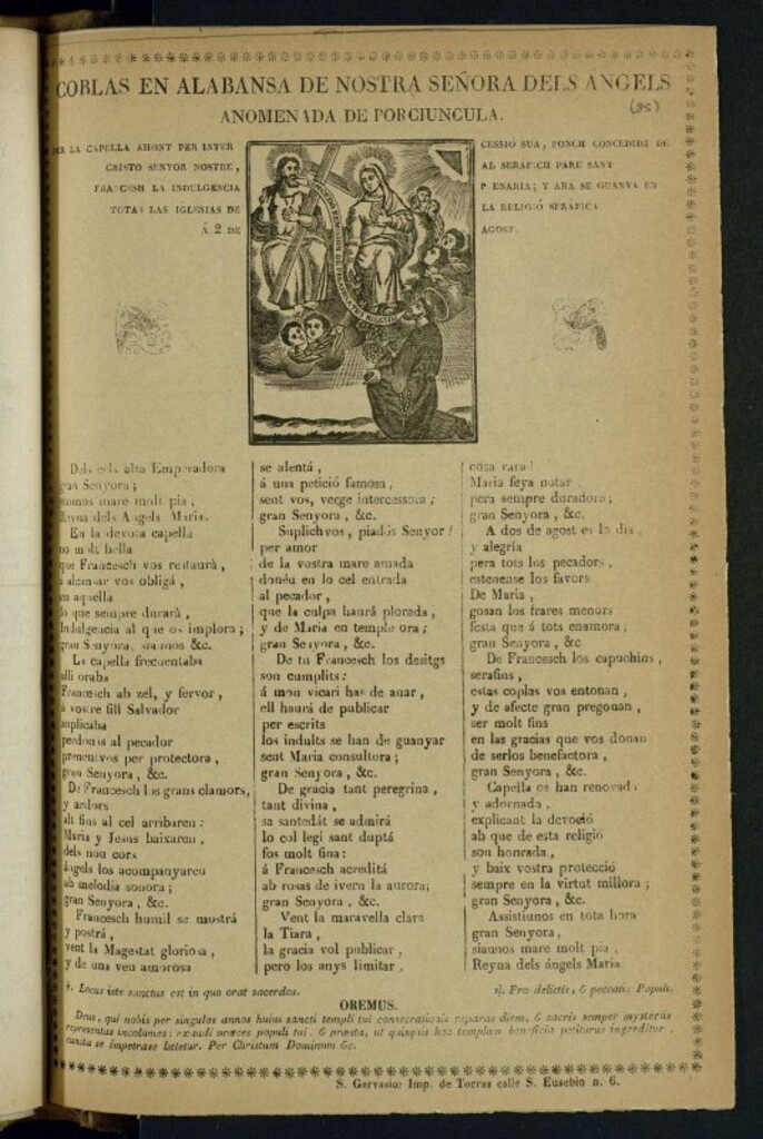 Miniatura de Coblas en alabansa de Nostra Señora dels Ángels anomenada de Porciuncula: per la capella ahont per intercessió sua, fonch concedida de Christo senyor nostre, al seráfich pare sant Francesh la indulgencia plenaria; y ara se guanya en totas las iglesias de