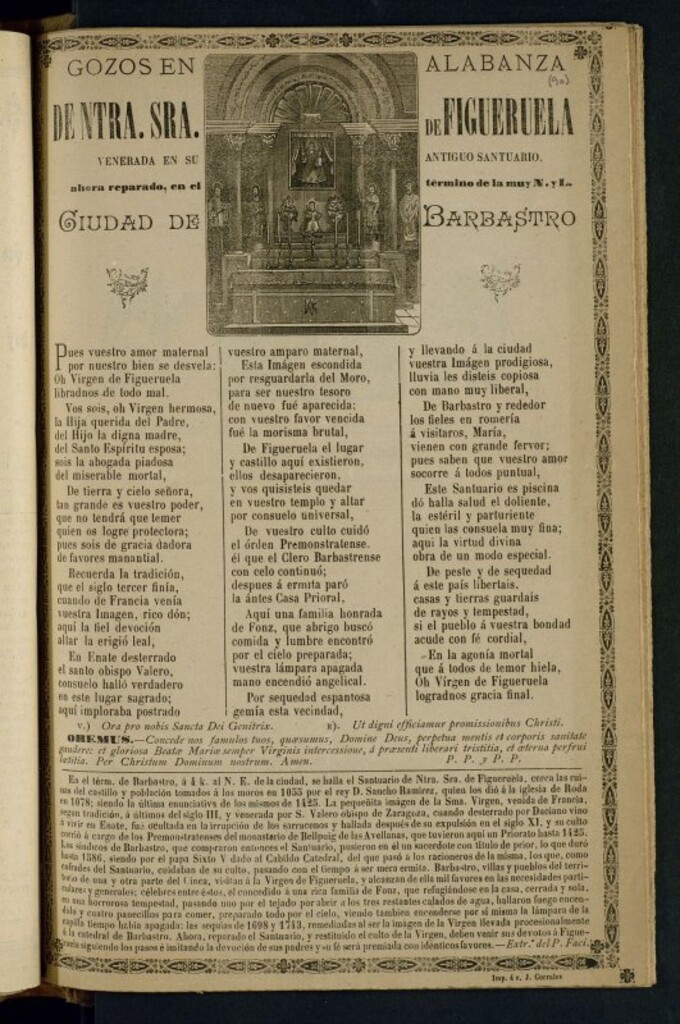 Miniatura de Gozos en alabanza de Ntra. Sra. de Figueruela : venerada en su antiguo santuario, ahora reparado, en el término de la muy N. y L. Ciudad de Barbastro