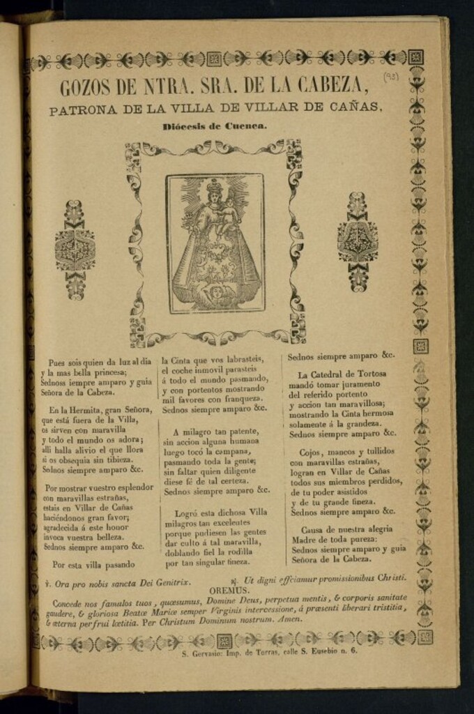 Miniatura de Gozos de Ntra. Sra. de la Cabeza, patrona de la villa de Villar de Cañas, Diócesis de Cuenca