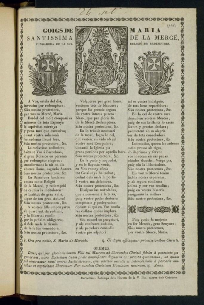 Miniatura de Goigs de Maria Santíssima de la Mercé : fundadora de la sua religió de redemptors