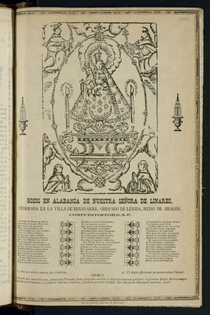 Miniatura de Gozos en alabanza de nuestra señora de Linares : venerada en la villa de Benavarre, obispado de Lérida, reino de Aragón / compuestos por G. S. P.