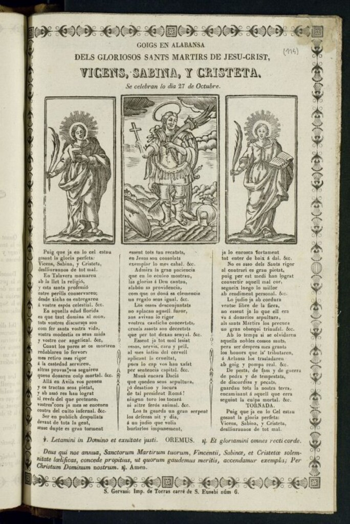 Miniatura de Goigs en alabansa dels gloriosos sants martirs de Jesu-Crist, Vicens, Sabina y Cristeta : se celebran lo dia 27 de Octubre