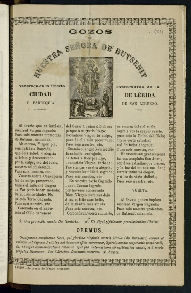 Miniatura de Gozos de Nuestra Señora de Butsenit : venerada en la huerta extramuros de la Ciudad de Lérida y Parroquia de San Lorenzo