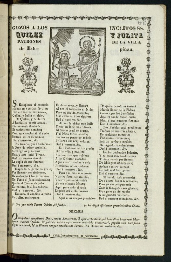 Miniatura de Gozos a los inclitos SS. Quilez y Julita patrones de la villa de Estopiñan