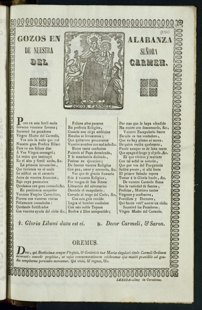 Miniatura de Gozos en alabanza de nuestra señora del Carmen