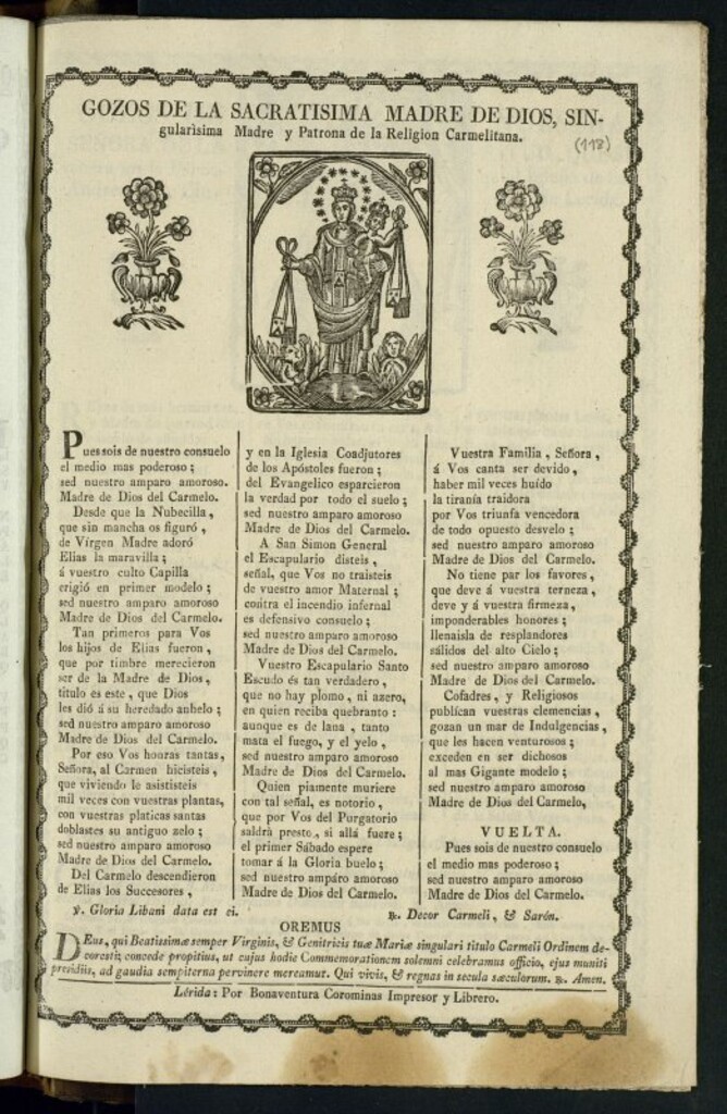 Miniatura de Gozos de la sacratísima Madre de Dios : singularísima Madre y Patrona de la Religión Carmelitana