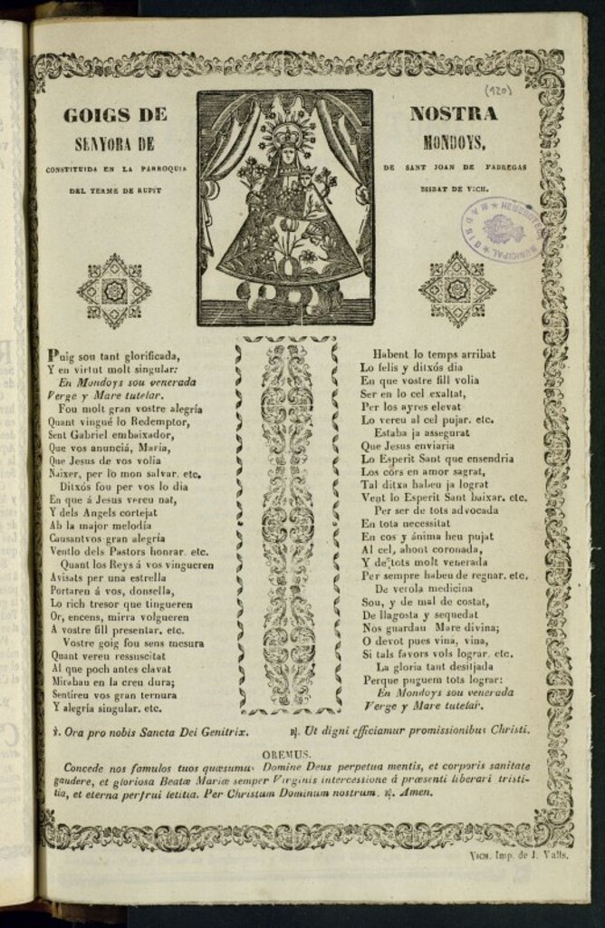 Miniatura de Goigs de Nostra Senyora de Mondoys : constituida en la parroquia de Sant Joan de Fabregas del terme de Rupit Bisbat de Vich