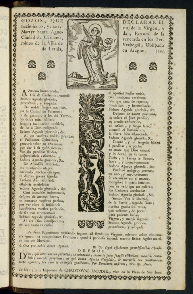Miniatura de Gozos que declaran el nacimiento y martyrio de la Virgen y Martyr Santa Agueda, Patrona de la ciudad da Cathania : venerada en los Terminos de la Villa de Verbegal, Obispado de Lerida, en Aragon