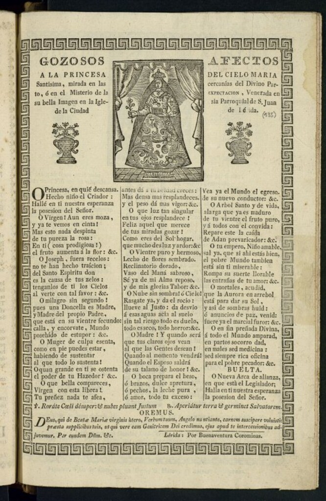 Miniatura de Gozosos afectos a la princesa del cielo María Santísima, mirada en las cercanías del Divino Parto, o en el Misterio de la Expectacion : venerada en su bella Imagen en la Iglesia Parroquial de S. Juan de la ciudad de Lérida
