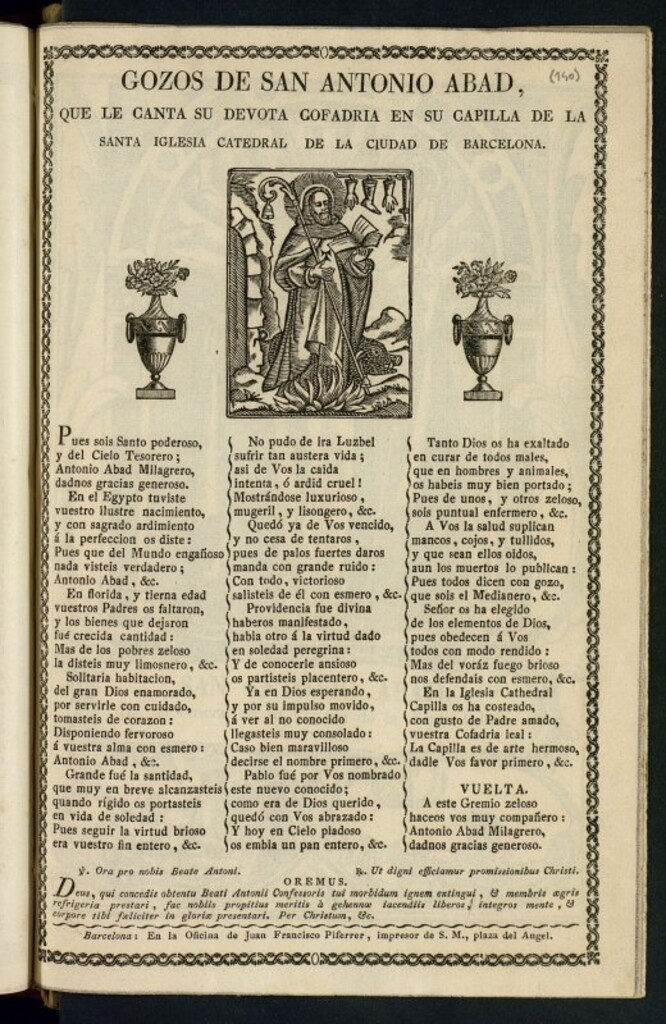 Miniatura de Gozos de San Antonio Abad : que le canta su devota Cofadria [sic] en su capilla de la Santa Iglesia Catedral de la ciudad de Barcelona