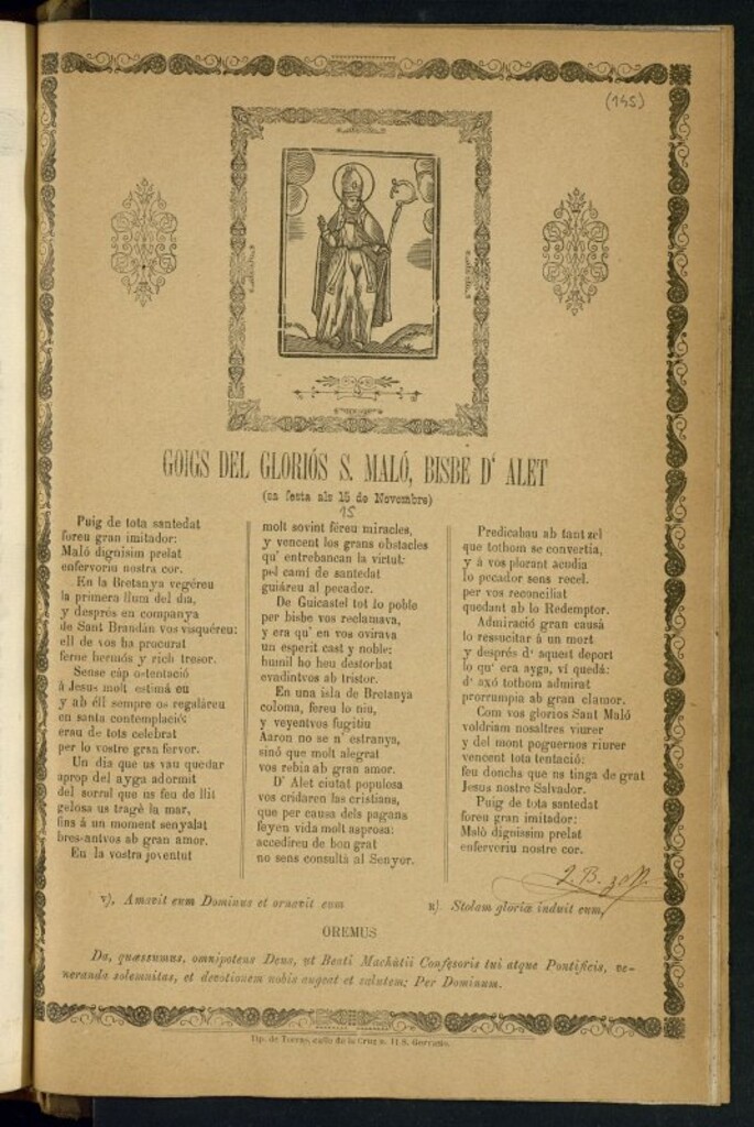 Miniatura de Goigs del gloriós S. Maló, bisbe d'Alet : (sa festa als 15 de Novembre)