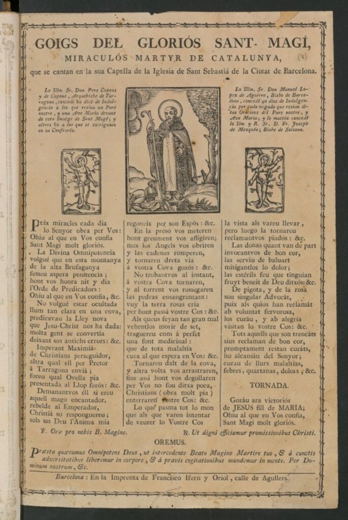 Miniatura de Goigs del gloriós Sant Magí, miraculós martyr de Catalunya : que se cantan en la sua Capella de la Iglesia de Sant Sebastiá de la Ciutat de Barcelona