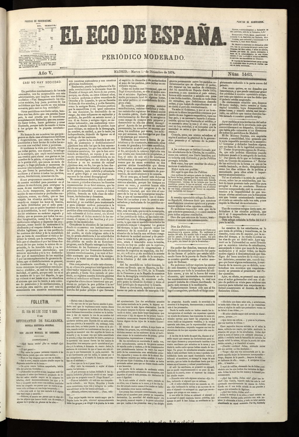 Miniatura de El Eco de España del 1 de diciembre de 1874