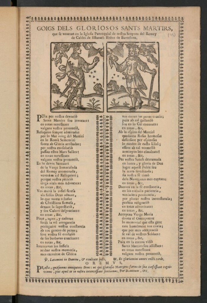Miniatura de Goigs dels gloriosos sants martirs : que se veneran en la Iglesia Parroquial de nostra Senyora del Remey de Caldes de Estarach Bisbat de Barcelona