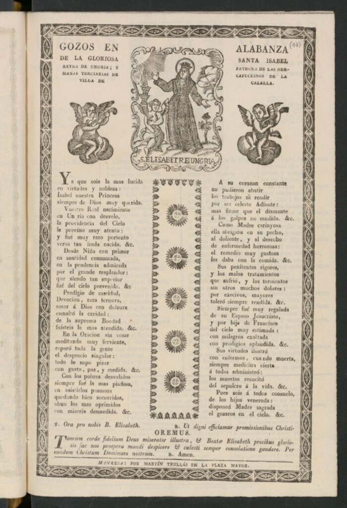 Miniatura de Goigs en alabanza de la gloriosa Santa Isabel, reyna de Ungria; y Patrona de las Hermanas Terciarias de Capuchinos de la Villa de Calella