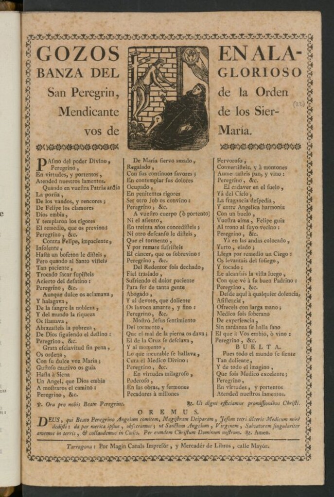 Miniatura de Gozos en alabanza del glorioso San Peregrin, de la Orden Mendicante de los Siervos de María