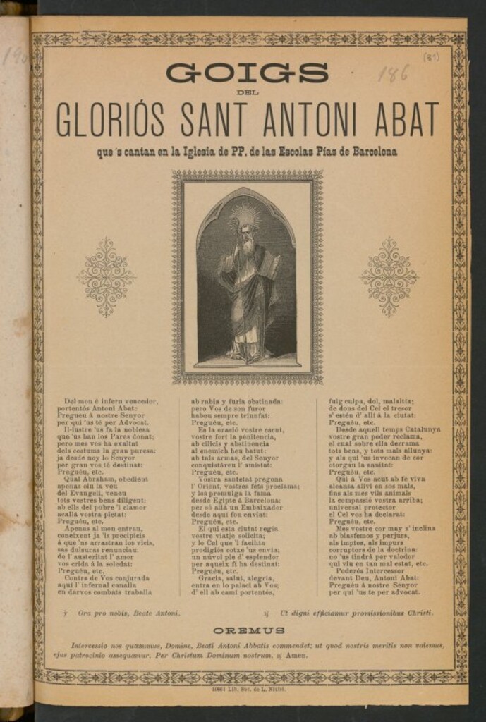 Miniatura de Goigs del glorios San Antoni Abat : que 's cantan en la Iglesia de PP de las Escolas Pias de Barcelona