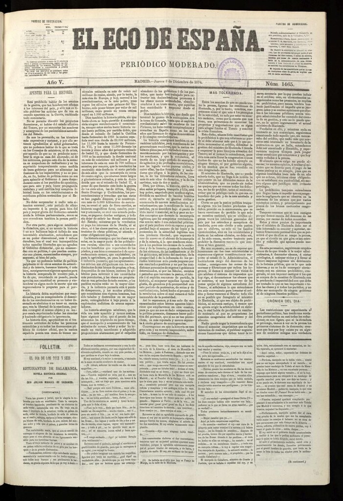 Miniatura de El Eco de España del 3 de diciembre de 1874