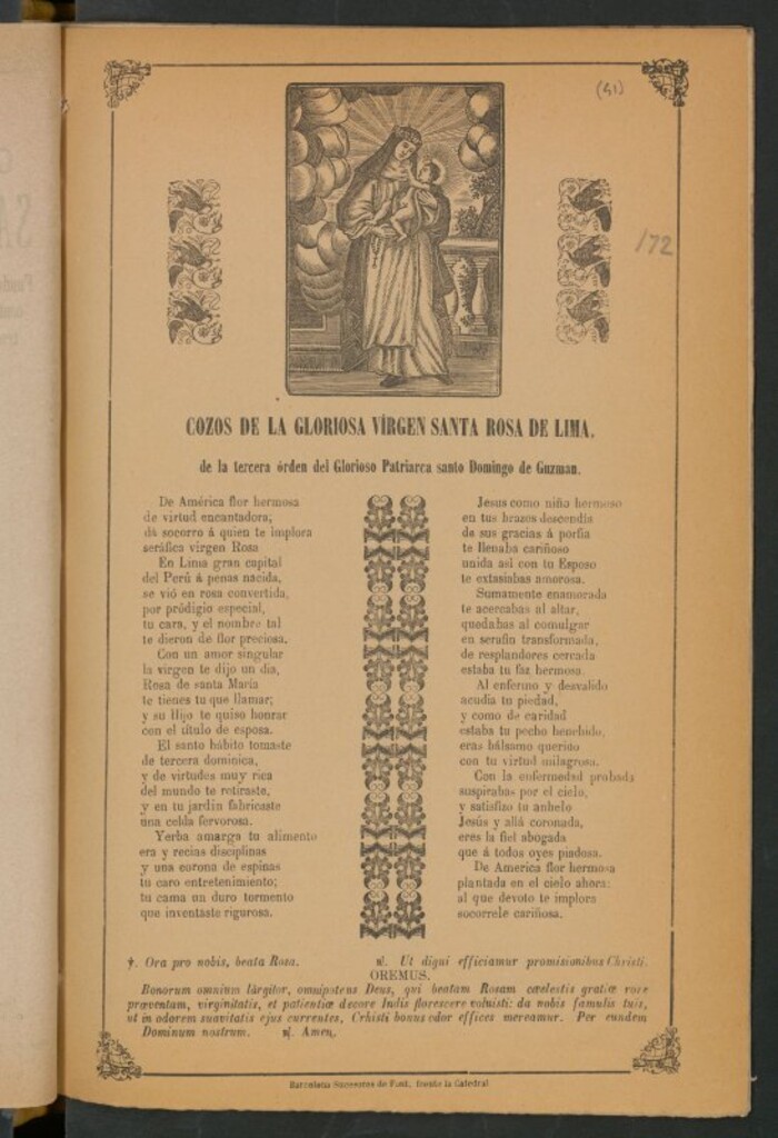 Miniatura de Gozos de la gloriosa Virgen Santa Rosa de Lima : de la tercera orden del Glorioso Patriarca santo Domingo de Guzmán