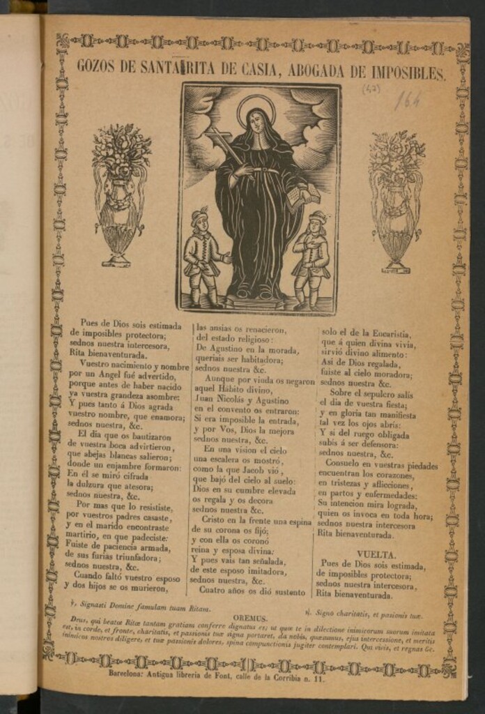 Miniatura de Gozos de Santa Rita de Casia, abogada de imposibles