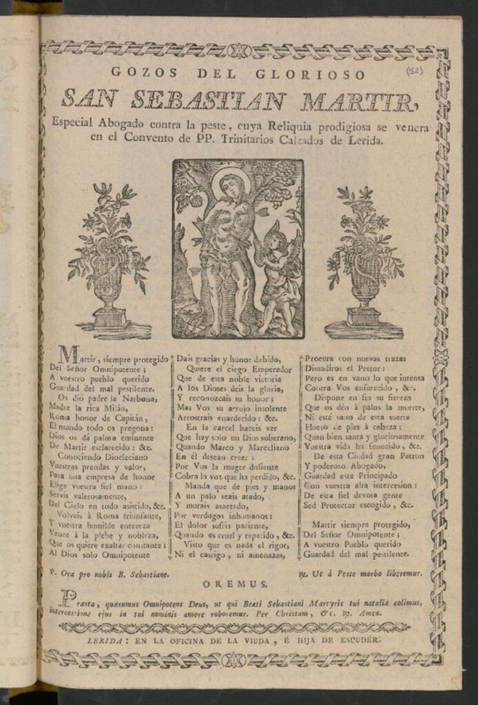 Miniatura de Gozos del glorioso San Sebastian Martir : especial abogado contra la peste, cuya Reliquia prodigiosa se venera en el Convento de PP. Trinitarios Calzados de Lerida