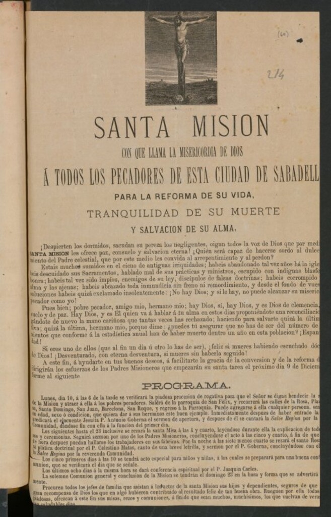 Miniatura de Santa Mision con que llama la Misericordia de Dios á todos los pecadores de esta ciudad de Sabadell : para la reforma de su vida, tranquilidad de su muerte y salvación de su alma