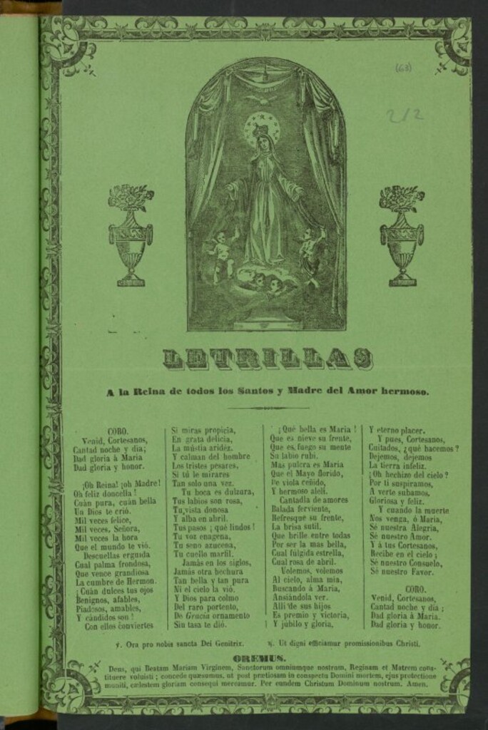 Miniatura de Letrillas a la Reina de todos los Santos y Madre del Amor hermoso